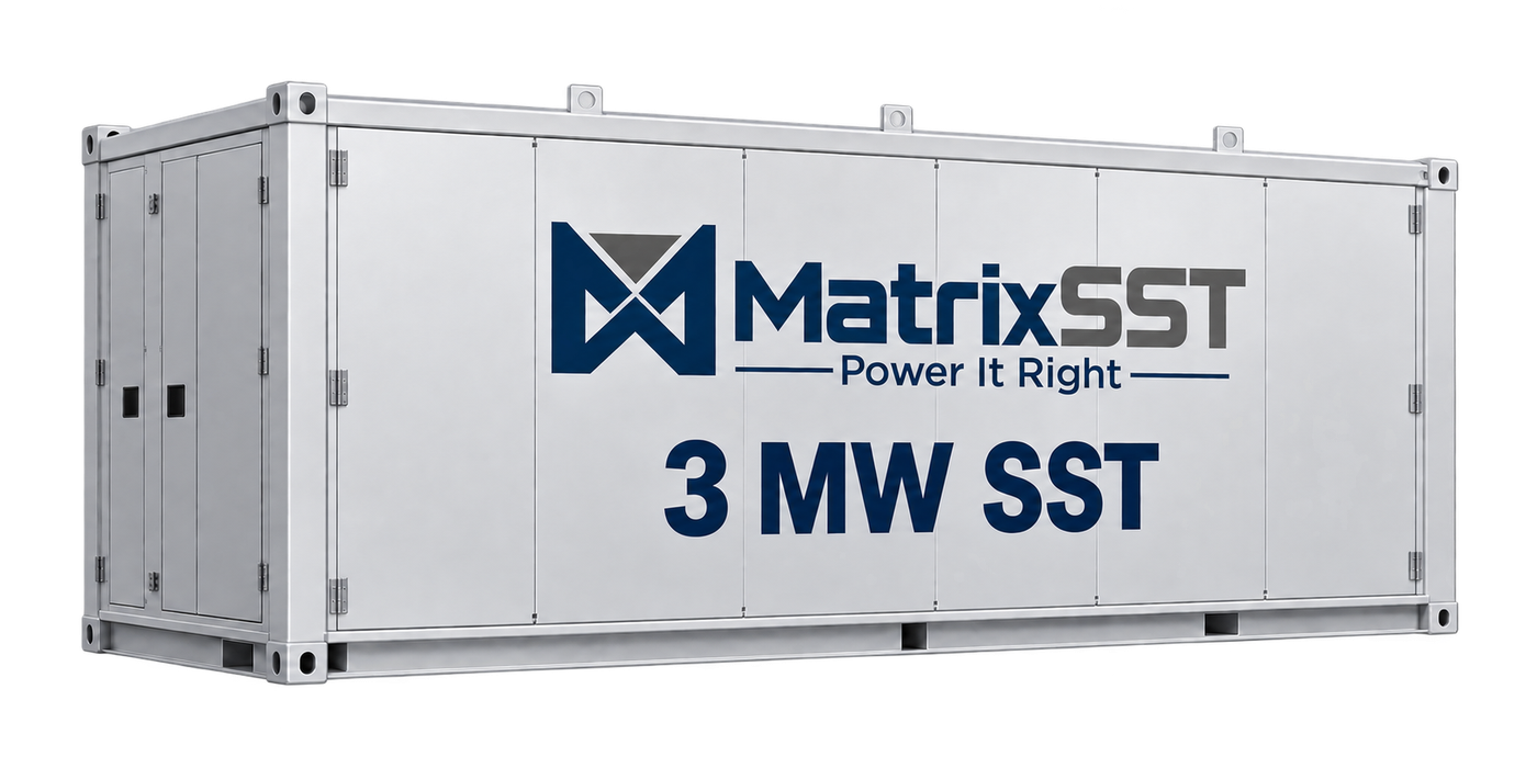 The MatrixSST 3 MW solid-state transformer: a containerised enclosure carrying the MatrixSST wordmark and a 3 MW SST label.