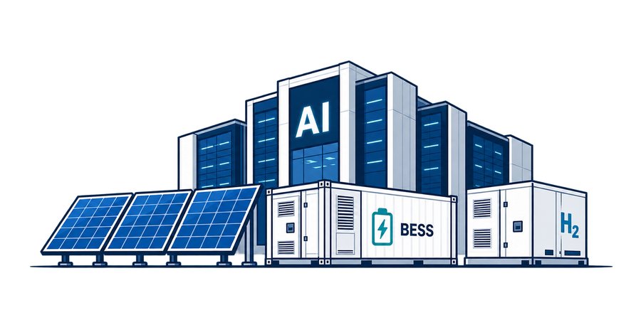 An AI data center building alongside solar panels, a battery storage container and a hydrogen unit.