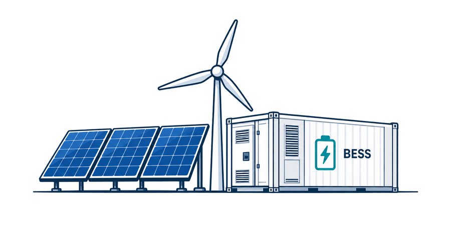 Solar panels, a wind turbine and a battery energy storage container.